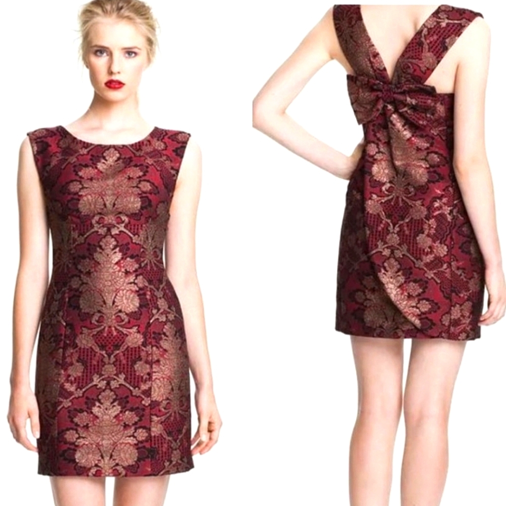 Metallic Burgundy Brocade Bow Cocktail Dress - Tracy Reese Charmed By You
